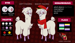 Size: 4330x2518 | Tagged: safe, artist:nonameorous, derpibooru import, oc, oc:nonameorous, alpaca, them's fightin' herds, aromantic, asexual, clothes, cloven hooves, community related, eyeshadow, fishing rod, glasses, hat, high res, hooves, looking at you, looking away, makeup, male, non-pony oc, nonbinary, pride, pride flag, red background, reference sheet, scarf, simple background, smug, solo, standing, text, transgender
