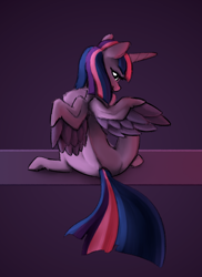 Size: 1228x1688 | Tagged: safe, artist:s410, derpibooru exclusive, derpibooru import, twilight sparkle, twilight sparkle (alicorn), alicorn, pony, abstract background, female, looking at you, looking back, missing cutie mark, sitting, solo, spread wings, wings