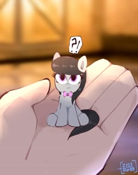 Size: 1628x2059 | Tagged: safe, artist:aceslingerexo, derpibooru import, octavia melody, earth pony, human, pony, female, in goliath's palm, mare, micro, offscreen character, offscreen human, question mark, size difference, solo, tiny, tiny ponies