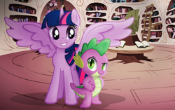 Size: 4860x3055 | Tagged: safe, artist:ikuvaito, derpibooru import, spike, twilight sparkle, twilight sparkle (alicorn), alicorn, pony, book, golden oaks library, library, looking at you, smiling, smiling at you, spread wings, wings