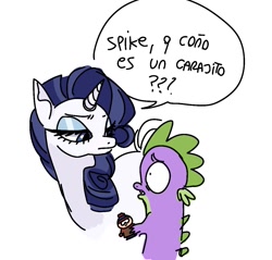 Size: 1075x1026 | Tagged: safe, artist:conniebebe, derpibooru import, rarity, spike, dragon, pony, unicorn, simple background, south park, spanish, spanish slang, speech bubble, stan marsh, toy, venezuela, white background