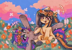 Size: 1536x1067 | Tagged: safe, artist:xiooo37, derpibooru import, oc, earth pony, pony, unicorn, chest fluff, female, floral head wreath, flower, flower field, mare