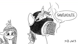 Size: 1200x675 | Tagged: safe, artist:pony-berserker, derpibooru import, princess cadance, shining armor, pony-berserker's twitter sketches, cigarette, crosshatch, derp, gentlemen, mentlegen, monochrome, pony-berserker's twitter sketches (2023), resigned, simple background, spy suit, white background