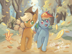 Size: 2732x2048 | Tagged: safe, artist:蹦蹦鼠, derpibooru import, applejack, rainbow dash, earth pony, pegasus, pony, fall weather friends, female, forest, leaves, looking at each other, looking at someone, looking sideways, mare, open mouth, open smile, running of the leaves, scene interpretation, smiling