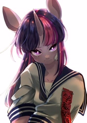 Size: 2894x4093 | Tagged: safe, artist:potetecyu_to, derpibooru import, twilight sparkle, anthro, unicorn, clothes, female, looking at you, mare, sailor uniform, simple background, solo, talisman, uniform, white background