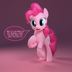 Size: 4096x4096 | Tagged: safe, artist:zgcbrony, derpibooru import, pinkie pie, earth pony, pony, 3d, absurd resolution, anti-bullying, blender, blender cycles, clothes, dialogue, female, looking at you, pink shirt, pink shirt day, shirt, solo, speech bubble