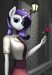 Size: 1573x2247 | Tagged: safe, artist:dash wang, derpibooru import, rarity, anthro, unicorn, building, clothes, female, flower, lamp, looking at you, mare, rose, solo, wall, window