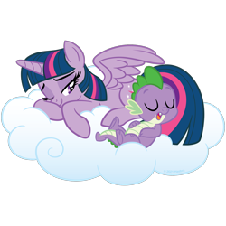 Size: 1500x1500 | Tagged: safe, derpibooru import, spike, twilight sparkle, twilight sparkle (alicorn), alicorn, cloud, cute, daaaaaaaaaaaw, on a cloud, simple background, sleeping, stock vector, transparent background