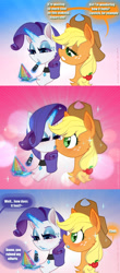 Size: 1420x3232 | Tagged: safe, artist:rrd-artist, derpibooru import, applejack, rarity, earth pony, pony, unicorn, blushing, choker, comic, female, kiss on the lips, kissing, lesbian, lipstick, makeup, rarijack, shipping