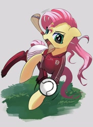 Size: 2248x3050 | Tagged: safe, artist:solid shrimp, derpibooru import, fluttershy, pegasus, pony, camogie, clothes, derp, female, hurley, hurling, jersey, shorts, simple background, socks, solo, sports