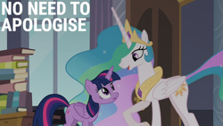 Size: 1000x563 | Tagged: safe, derpibooru import, edit, edited screencap, editor:quoterific, screencap, princess celestia, twilight sparkle, twilight sparkle (alicorn), alicorn, pony, princess twilight sparkle (episode), book, crown, duo, duo female, ethereal mane, ethereal tail, female, hoof shoes, jewelry, looking at each other, looking at someone, mare, open mouth, open smile, peytral, regalia, smiling, tail