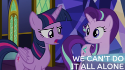 Size: 1920x1080 | Tagged: safe, derpibooru import, edit, edited screencap, editor:quoterific, screencap, starlight glimmer, twilight sparkle, twilight sparkle (alicorn), alicorn, pony, unicorn, school daze, cutie map, duo, duo female, female, mare, open mouth, twilight's castle