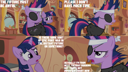 Size: 2000x1125 | Tagged: safe, derpibooru import, edit, edited screencap, editor:quoterific, screencap, twilight sparkle, unicorn twilight, pony, unicorn, it's about time, alternate hairstyle, bandana, clothes, confused, eyepatch, female, future twilight, golden oaks library, gritted teeth, injured, mare, open mouth, scar, self paradox, self ponidox, teeth, twolight