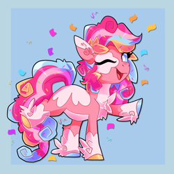 Size: 2048x2048 | Tagged: safe, artist:plushtrapez, derpibooru import, pinkie pie, earth pony, pony, chest fluff, colored ears, colored hooves, confetti, female, hoof fluff, mare, one eye closed, open mouth, open smile, raised hoof, raised leg, redesign, smiling, solo, unshorn fetlocks, wink