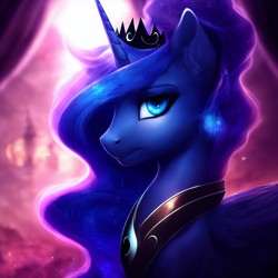 Size: 1536x1536 | Tagged: safe, derpibooru import, editor:epsilonwolf, generator:purplesmart.ai, generator:stable diffusion, machine learning assisted, machine learning generated, princess luna, alicorn, pony, collar, ear fluff, ears, ethereal mane, female, horn, jewelry, looking at you, mare, regalia, smiling, solo, tiara, wings
