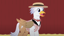 Size: 1280x720 | Tagged: safe, artist:mlp-silver-quill, derpibooru import, oc, oc:silver quill, hippogriff, after the fact, after the fact:filli vanilli, bowtie, clothes, curtains, hat, shirt, stage