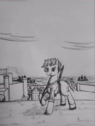 Size: 2449x3265 | Tagged: safe, artist:timejumper, derpibooru import, oc, oc only, oc:shanalotte, earth pony, castle, city, clothes, context is for the weak, gun, international brigades, overalls, pencil drawing, rifle, ship, soldier, solo, traditional art, weapon
