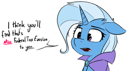 Size: 1338x742 | Tagged: safe, artist:pinkberry, derpibooru import, trixie, pony, unicorn, colored sketch, dialogue, doodle, ears, floppy ears, horn, simple background, solo, talking, tax evasion, this will end in jail time, white background