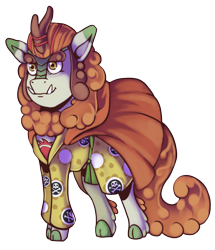 Size: 1487x1726 | Tagged: safe, artist:kenisu-of-dragons, derpibooru import, autumn blaze, kirin, big eyebrows, clothes, cloven hooves, cosplay, costume, crossover, female, jinbe, kimono (clothing), one piece, simple background, solo, tattoo, transparent background
