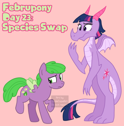 Size: 1872x1910 | Tagged: safe, artist:queertrixie, derpibooru exclusive, derpibooru import, spike, twilight sparkle, dragon, pegasus, pony, dragoness, dragonified, duo, duo male and female, februpony, female, male, pink background, ponified, ponified spike, role reversal, simple background, species swap, twilidragon, watermark