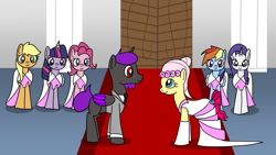 Size: 1920x1080 | Tagged: safe, artist:platinumdrop, derpibooru import, applejack, fluttershy, pinkie pie, rainbow dash, rarity, twilight sparkle, twilight sparkle (alicorn), oc, oc:purple word, alicorn, canon x oc, clothes, dress, female, male, mane six, marriage, request, shipping, straight, tuxedo, wedding, wedding dress