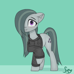 Size: 1000x1000 | Tagged: safe, artist:skylairo, derpibooru exclusive, derpibooru import, marble pie, earth pony, pony, bags under eyes, blushing, clothes, cutie mark, ear fluff, ears, female, hair over one eye, hoodie, looking at you, mare, raised hoof, raised leg, shadow, simple background, sleepy, smiling, smiling at you, solo, tail, watermark