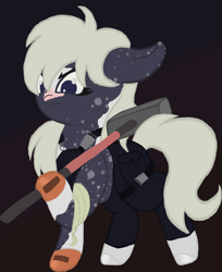 Size: 3468x4257 | Tagged: safe, derpibooru import, oc, oc:silverstreak, earth pony, pony, bandage, clothes, coat markings, dappled, facial markings, gloves, hammer, pants, pinto, solo