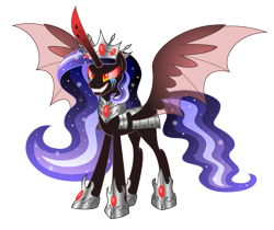 Size: 7581x6362 | Tagged: safe, artist:aleximusprime, derpibooru import, oc, oc only, oc:sorceress, alicorn, fanfic:oh mother where art thou, flurry heart's story, alicorn oc, armor, bat wings, crown, crying, evil, evil grin, grin, horn, jewelry, red eyes, red horn, red sclera, regalia, simple background, smiling, solo, spread wings, tears of pain, the sorceress, transparent background, wavy mane, wings