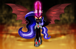Size: 2000x1294 | Tagged: safe, artist:aleximusprime, derpibooru import, oc, oc:sorceress, fanfic:oh mother where art thou, flurry heart's story, armor, bat wings, crown, crying, evil, evil grin, glowing, glowing horn, grin, horn, jewelry, nightmare, red horn, red sclera, regalia, slit eyes, smiling, tears of pain, the sorceress, wavy mane, wings