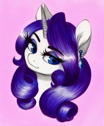 Size: 1050x1266 | Tagged: safe, artist:cherubisous, derpibooru import, rarity, pony, unicorn, bust, ear piercing, earring, eye clipping through hair, eyebrows, eyebrows visible through hair, eyeshadow, female, jewelry, makeup, mare, piercing, pink background, simple background, smiling, solo