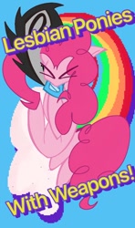 Size: 640x1080 | Tagged: safe, artist:brokenoutlet666, derpibooru import, pinkie pie, earth pony, pony, chainsaw, eyes closed, lesbian ponies with weapons, mouthpiece, rainbow, solo, text, vylet pony