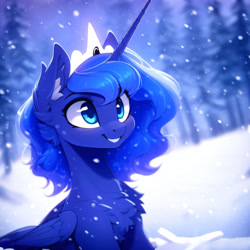 Size: 3072x3072 | Tagged: safe, derpibooru import, editor:nightluna, generator:purplesmart.ai, generator:stable diffusion, machine learning assisted, princess luna, alicorn, pony, chest fluff, crown, diadem, ear fluff, ears, female, high res, jewelry, mare, regalia, smiling, snow, snowfall, solo, teeth, tree, winter