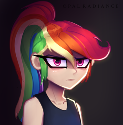 Size: 2520x2556 | Tagged: safe, artist:opal_radiance, derpibooru import, rainbow dash, human, equestria girls, angry, bare shoulders, glare, human coloration, humanized, looking at you, rainbow dash is not amused, sleeveless, solo, unamused