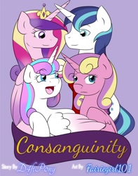 Size: 806x1024 | Tagged: safe, artist:fairiegirl101, artist:spearmint sonnet, derpibooru import, princess cadance, princess flurry heart, princess skyla, shining armor, alicorn, pony, unicorn, fanfic:consanguinity, fanfic:seven years, alternate universe, banner, dress uniform, family, fanfic, fanfic art, fanfic cover, female, group, horn, jewelry, lavender background, male, peytral, quartet, siblings, simple background, sisters, text, tiara, wings