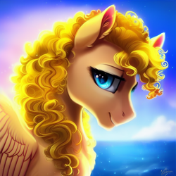 Size: 1024x1024 | Tagged: safe, derpibooru import, editor:siber, generator:purplesmart.ai, generator:stable diffusion, machine learning generated, oc, oc only, oc:artemis sparkshower, pegasus, pony, fanfic:everyday life with guardsmares, looking at you, ocean, sky, smiling, smiling at you, solo, water