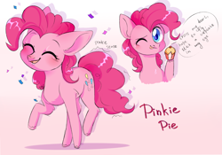 Size: 2826x1974 | Tagged: safe, artist:pledus, derpibooru import, part of a set, pinkie pie, earth pony, pony, :p, blushing, bust, colored pupils, confetti, cupcake, cute, diapinkes, ear fluff, ears, eyes closed, female, food, gradient background, leg fluff, looking at you, mare, one eye closed, open mouth, pinkie promise, pinkie sense, portrait, smiling, solo, tail, tongue, tongue out, twitchy tail, wink