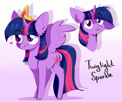 Size: 2365x1979 | Tagged: safe, artist:pledus, derpibooru import, part of a set, twilight sparkle, twilight sparkle (alicorn), alicorn, pony, blushing, bust, crown, cute, ear fluff, ears, eye clipping through hair, female, gradient background, heart, jewelry, leg fluff, mare, one ear down, open mouth, portrait, regalia, solo, sweat, twiabetes