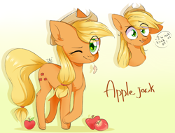 Size: 2524x1914 | Tagged: safe, artist:pledus, derpibooru import, part of a set, applejack, earth pony, pony, apple, bust, cute, dialogue, ear fluff, ears, eye clipping through hair, female, food, gradient background, jackabetes, leg fluff, looking at you, mare, one eye closed, open mouth, portrait, smiling, solo, speech bubble, straw in mouth, wink