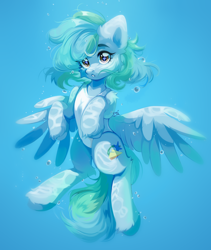 Size: 2308x2741 | Tagged: safe, artist:pledus, derpibooru import, oc, oc only, oc:siriusnavigator, pegasus, pony, blue background, bubble, clothes, commission, crepuscular rays, cute, digital art, feather, female, flowing mane, flowing tail, full body, golden eyes, green mane, high res, looking at you, mare, ocean, one-piece swimsuit, open mouth, simple background, solo, spread wings, starry eyes, sunlight, swimming, swimsuit, tail, underwater, unshorn fetlocks, water, wingding eyes, wings, ych result