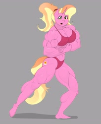 Size: 2958x3617 | Tagged: safe, artist:matchstickman, derpibooru import, luster dawn, anthro, plantigrade anthro, unicorn, abs, biceps, bikini, bodybuilder, breasts, buff breasts, busty luster dawn, calves, clothes, deltoids, female, flexing, flexing muscles, gray background, looking at you, luster brawn, mare, muscles, muscular female, pecs, red bikini, red swimsuit, simple background, solo, swimsuit, thighs, thunder thighs, triceps