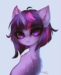 Size: 2060x2545 | Tagged: safe, artist:shenki, derpibooru import, twilight sparkle, unicorn twilight, pony, unicorn, bust, chest fluff, ear fluff, ears, female, high res, mare, portrait, signature, solo