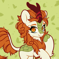 Size: 2024x2000 | Tagged: safe, artist:shelti, derpibooru import, autumn blaze, kirin, abstract background, cloven hooves, colored pupils, female, green background, high res, looking at you, pointing at self, signature, simple background, solo