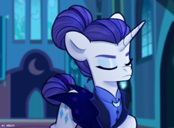 Size: 2700x2000 | Tagged: safe, artist:shelti, derpibooru import, rarity, pony, unicorn, alternate hairstyle, alternate timeline, blurry background, clothes, eyes closed, female, high res, mare, night maid rarity, nightmare takeover timeline, signature, solo