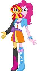 Size: 946x1793 | Tagged: safe, derpibooru import, pinkie pie, sunset shimmer, human, equestria girls, 1000 hours in ms paint, boots, clothes, conjoined, duo, high heel boots, jacket, multiple heads, shirt, shoes, simple background, skirt, transparent background, two heads, vest