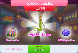 Size: 1262x857 | Tagged: safe, derpibooru import, grootslang, bundle, bush, costs real money, english, fireworks, gameloft, magic coins, mobile game, my little pony: magic princess, numbers, official, sale, solo, solo focus, stage, text, unnamed character, unnamed snake