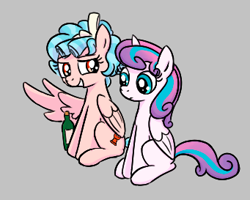 Size: 341x273 | Tagged: safe, artist:algoatall, derpibooru import, cozy glow, princess flurry heart, alicorn, pegasus, pony, alcohol, bottle, duo, female, filly, foal, gray background, horn, older, older flurry heart, simple background, sitting, smiling, wine, wine bottle, wings