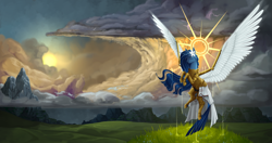 Size: 6068x3200 | Tagged: safe, artist:stray prey, derpibooru import, oc, oc only, oc:sunbeam, pegasus, pony, armor, cloud, halo, lightning, loss (meme), scenery, scenery porn, solo, sun