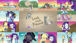 Size: 1280x721 | Tagged: safe, derpibooru import, editor:quoterific, applejack, rainbow dash, rarity, better together, equestria girls, lost and found, beach, belly button, clothes, duo, duo female, female, solo, swimsuit, trio, trio female