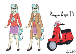 Size: 3508x2480 | Tagged: safe, artist:apocheck13, derpibooru import, coco pommel, anthro, earth pony, ascot, clothes, female, looking at you, overcoat, reference sheet, simple background, skirt, solo, vespa, white background