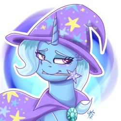 Size: 1280x1280 | Tagged: safe, artist:galaxy swirl, derpibooru exclusive, derpibooru import, trixie, pony, unicorn, cape, clothes, female, hat, lidded eyes, magic wand, mare, mouth hold, smiling, solo, trixie's cape, trixie's hat